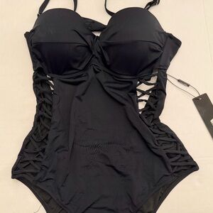 Black Fashion Nova One-Piece Backless Swimsuit with Lace-Up Sides